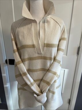 Aerie Oversized Cream Striped Knit Sweater with Polo Collar - XS